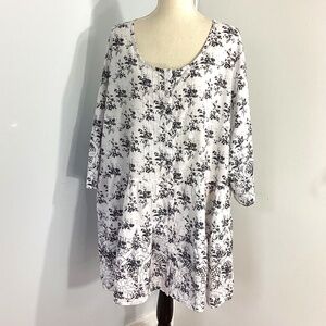 ELLOS PLUS 26/28 2X FLORAL PEPLUM TUNIC BLACK AND WHITE BUTTON FRONT BORDER TRIM